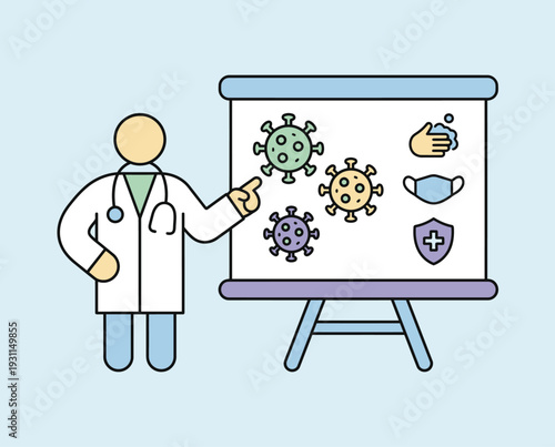 Doctor presenting virus icons on a whiteboard during a medical lecture.
