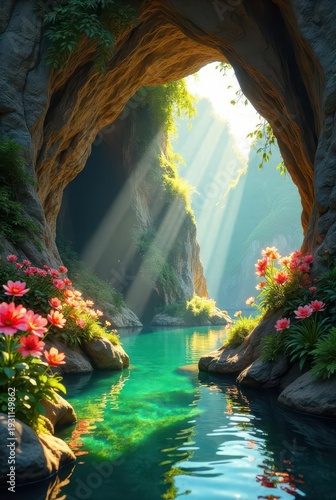 Secret Grotto Sunbeams Illuminate a Hidden Oasis of Vibrant Flowers and Crystal Clear Water