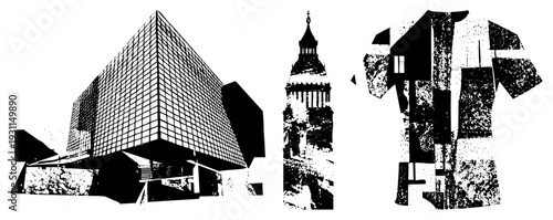 Modern building facades, historic tower, abstract garment silhouette, halftone textures, geometric shapes, vector art, architectural forms, urban design.