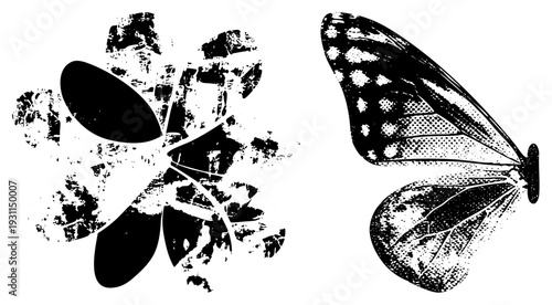 Stylized butterfly wings rendered in black and white, featuring halftone shading and distressed grunge textures, vector graphic, isolated design elements.