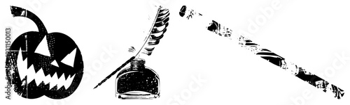 Grunge styled Halloween pumpkin, vintage quill pen in ink bottle, candy corn with distressed texture, isolated vector for spooky or retro designs.