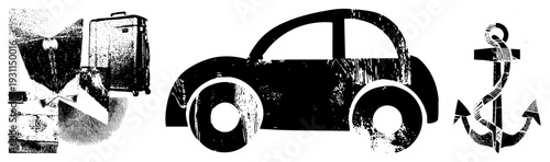 Retro travel symbols suitcase, classic car, anchor, halftone texture, flat vector, trip essentials, luggage and sea motifs.