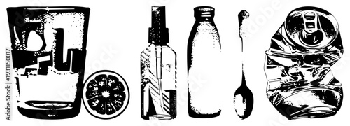 Black and white halftone style graphic featuring drink glass, citrus slice, spray bottle, milk bottle, spoon, and crushed can. Vector cutout elements for design use.
