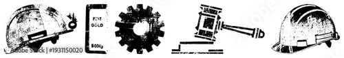 Set of construction safety gear, financial asset, mechanical gear, judicial gavel, and hard hat. Vector symbols for business, engineering, law, and finance.