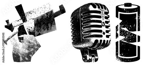 Retro equipment, classic camera, power source symbols, stylized halftone graphics, vector, isolated design elements, vintage tech motifs.