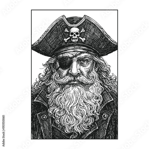 Vintage Pirate Captain Portrait - Hand-Drawn Buccaneer Engraving with Eyepatch, Beard, and Skull Tricorne Hat