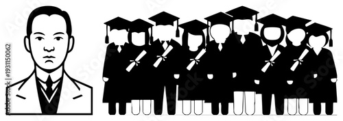 Vector illustration of formal man portrait and group of graduates in caps and gowns, academic symbols, educational theme, black and white flat design.