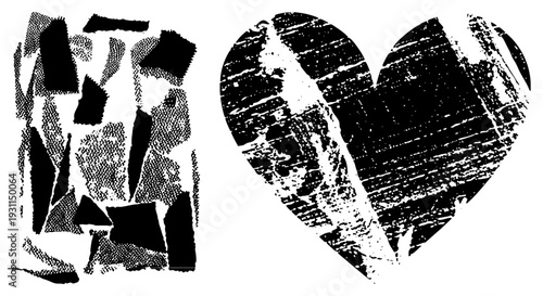 Stylized heart with distressed brushstrokes, abstract fragmented shapes, halftone texture, graphic design element, art piece, vector illustration.