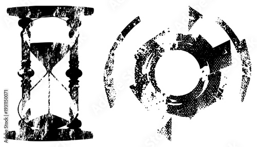 Ornate hourglass measuring time, distressed gear wheel symbolizing mechanics, vintage vector art, graphic design, industrial clockwork.