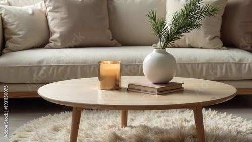 Serene living room ambiance with a lit candle on a wooden coffee table, complemented by a vase of greenery and books, resting on a fluffy rug near a cream-colored sofa