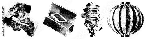 Vector illustrations featuring halftone textures, geometric forms, and stylized shapes, rendered in with isolated foregrounds, ideal for graphic design, UI elements, or digital art assets.