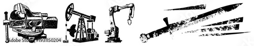 Black and white vector illustration of mechanical tools and weapons, including bench vise, oil pump, robotic arm, and stylized blades, rendered in halftone texture.