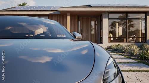 Modern electric car parked in front of a solar-powered house