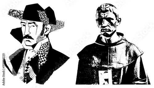 Black and white vector portraits of a man in hat and tie, and a monk in robe, rendered with halftone textures and sharp geometric shapes, graphic illustration style.