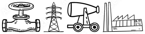Industrial symbols water valve, electricity pylon, launcher, factory plant. Utility infrastructure, engineering, manufacturing, energy, logistics, machinery, production.