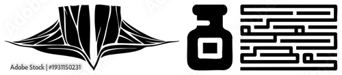 Three stylized vector leaf like organic form, bottle glyph, maze all in high contrast black and white, minimalist design for branding or UI.