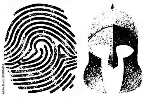 Black and white vector symbols of ancient warrior helmet and human fingerprint, halftone texture, forensic and historical.
