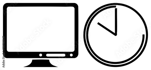 Desktop monitor with stand and analog clock with hour hand, digital workflow, time tracking, productivity tools, office, minimalist tech symbols.