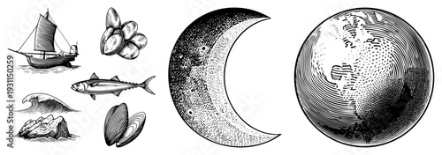 Sailboat, mussels, tuna, waves, rocks, moon, Earth globe classic engraved style, black and white, halftone shading, maritime and cosmic motifs.