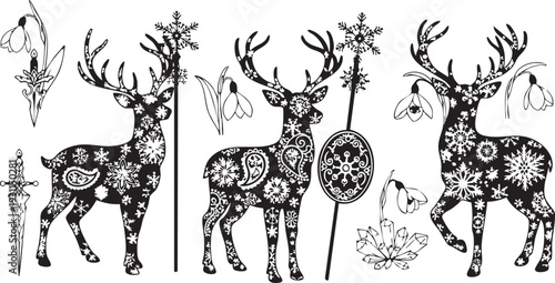 Black and white deer with floral and snowflake patterns and other decorative antlers
