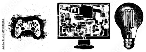 Gaming controller with buttons and analog sticks, monitor displaying pixelated graphics, incandescent bulb with all in halftone style, isolated vector for digital use.