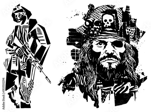 Graphic illustration of a soldier and pirate with textured, bold, and high contrast, ideal for tattoos or posters, stylized art, vector design.