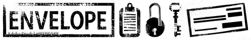 Vintage rubber stamp style envelope, clipboard, padlock, key, check, with distressed texture, black ink on white, vector illustration.