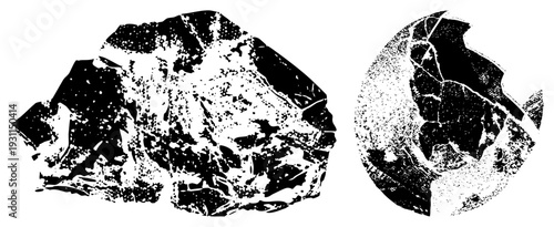 Fragmented mineral sample with halftone dot matrix texture, geological specimen, rock cutout, scientific illustration, black and white vector graphic.