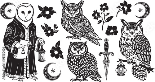Black and white of owls, a wizard, and various symbols and moon