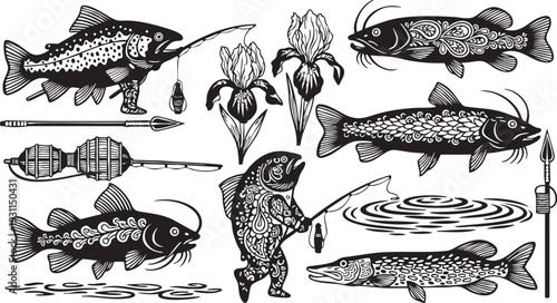 Black and white of various fish and fishing equipment with flowers catfish bass