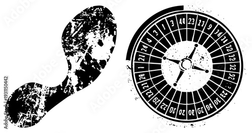Distressed black and white footprint and roulette wheel graphics, vector art with gritty texture, gaming and travel symbols, isolated design elements.
