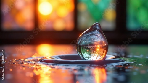 A teardrop of liquid rests on a dark surface, reflecting a vibrant sunset through a nearby windowpane, showcasing the beauty of light refraction and the tranquility of a moment