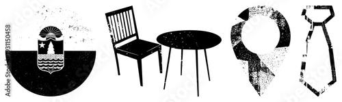 Distressed black vector including coat of arms, wooden chair, round table, map pin, and necktie, all in high contrast with texture. Suitable for branding or UI elements.