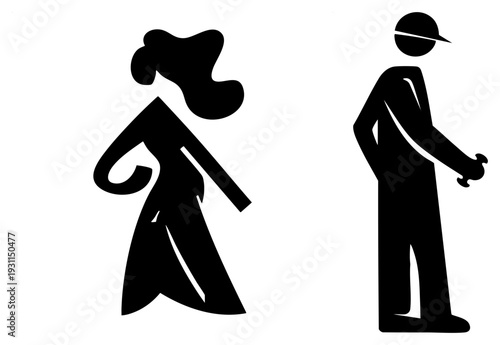Abstract black silhouette golfers swinging clubs, female with flowing hair, male in cap, minimalist vector, golf course symbols, sport graphics.
