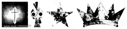 Distressed halftone symbols, skull, star, crown. Graphic design elements with texture,, vintage, gritty style. Perfect for dark themes, branding, or UI.