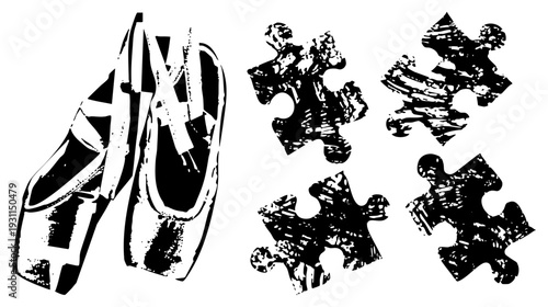 Dance footwear paired with jigsaw puzzle fragments, artistic silhouette, graphic, creative metaphor, flat vector design.