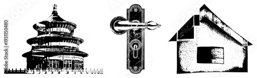 Traditional Chinese temple, vintage door handle with keyhole, minimalist house silhouette, all in black and white vector art, architectural, isolated design elements.
