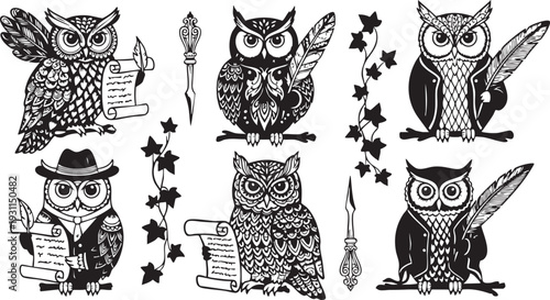 Black and white owl with various accessories and scrolls feather