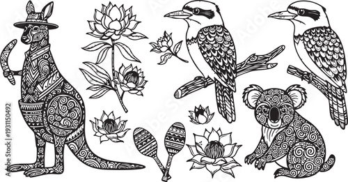 Detailed black and white of kangaroo koala kookaburra and lotus flowers with intricate patterns