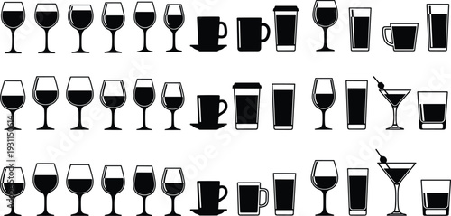 Beverage glass silhouette collection with wine coffee cocktail drinkware icons isolated vector set