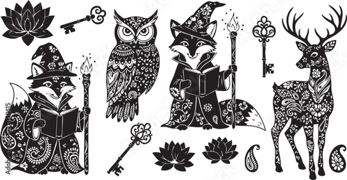 Intricate black and white of animals with magical and decorative patterns