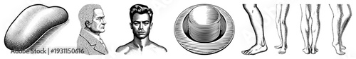 Black and white halftone illustrations bean, men’s profiles, hat, and leg studies classic print art, engraving style, vintage graphic design elements.