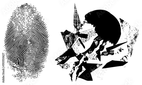 Black and white vector graphic of stylized warrior silhouette with horn, fragmented geometric shapes, halftone texture, fingerprint motif, isolated design, cutout style, rgba background.