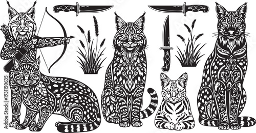 Intricate black and white of cats with and plants lynx tiger