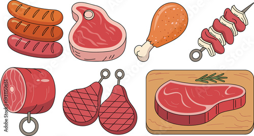 Cartoon meat collection set including steak sausages chicken drumstick and barbecue skewer vector