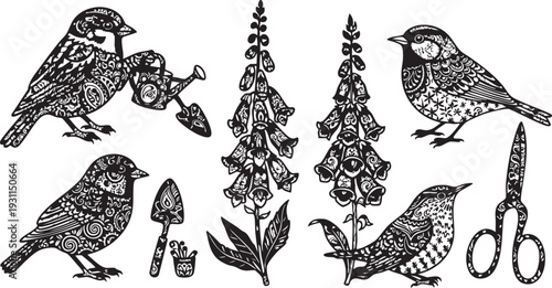 Intricate black and white of birds and gardening tools with flowers