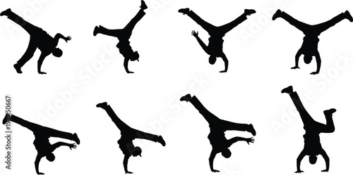 Breakdance silhouette set with hip hop dancer handstand poses isolated on white vector collection