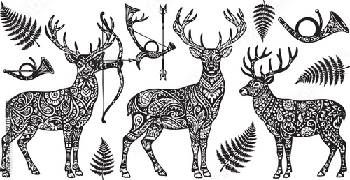Intricate black and white of deer with hunting symbols and fern decorations antlers