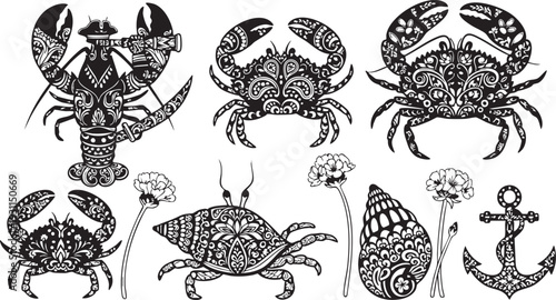 Intricate black and white of crabs, lobster, turtle, seashell, flowers, and anchor