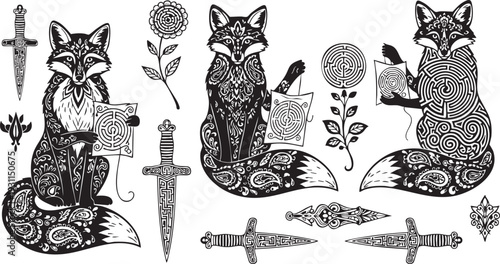 Intricate black and white of foxes with Celtic knotwork and daggers